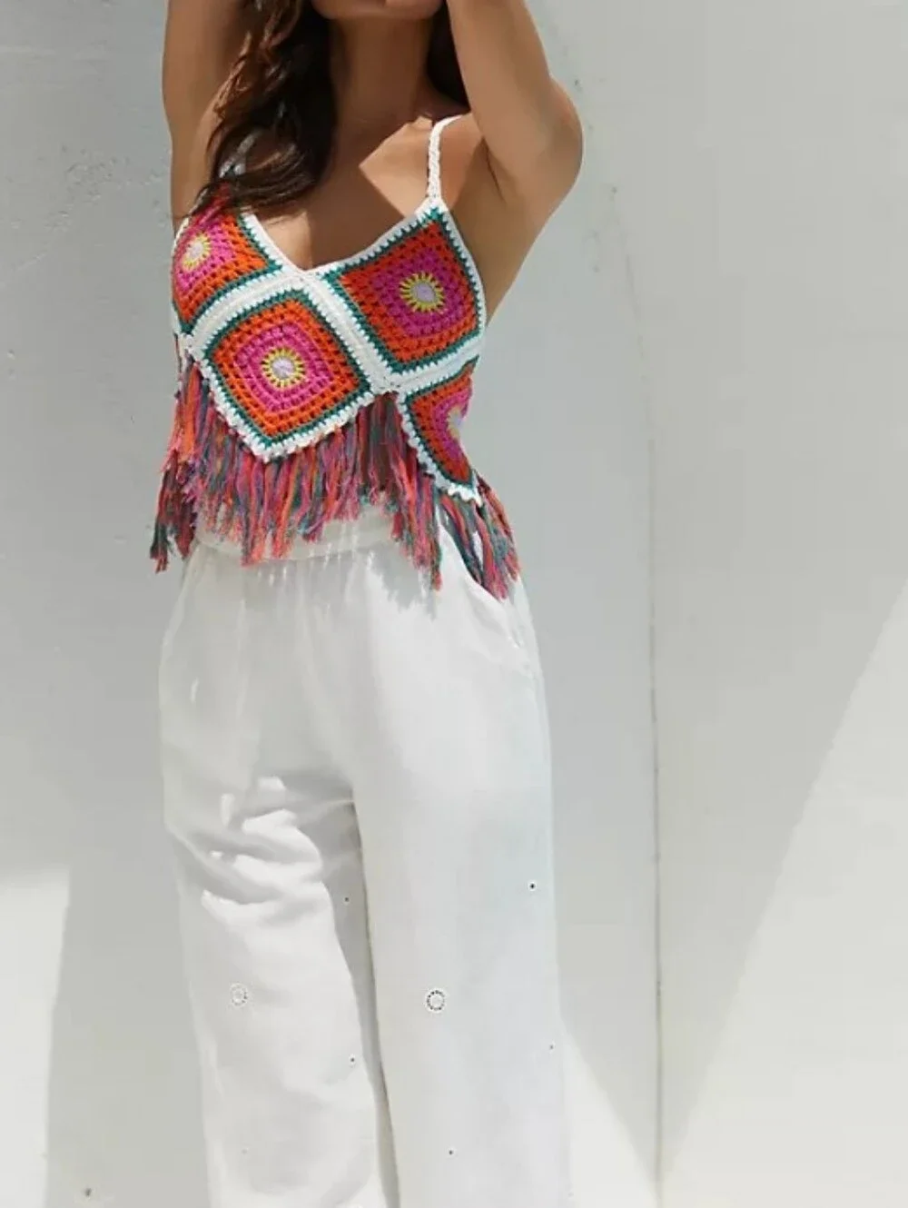 Self Contrast Dixie Crochet Camisole Knit Fringe Hem Top In Happy Colors SZ Med - Picture 1 of 16
